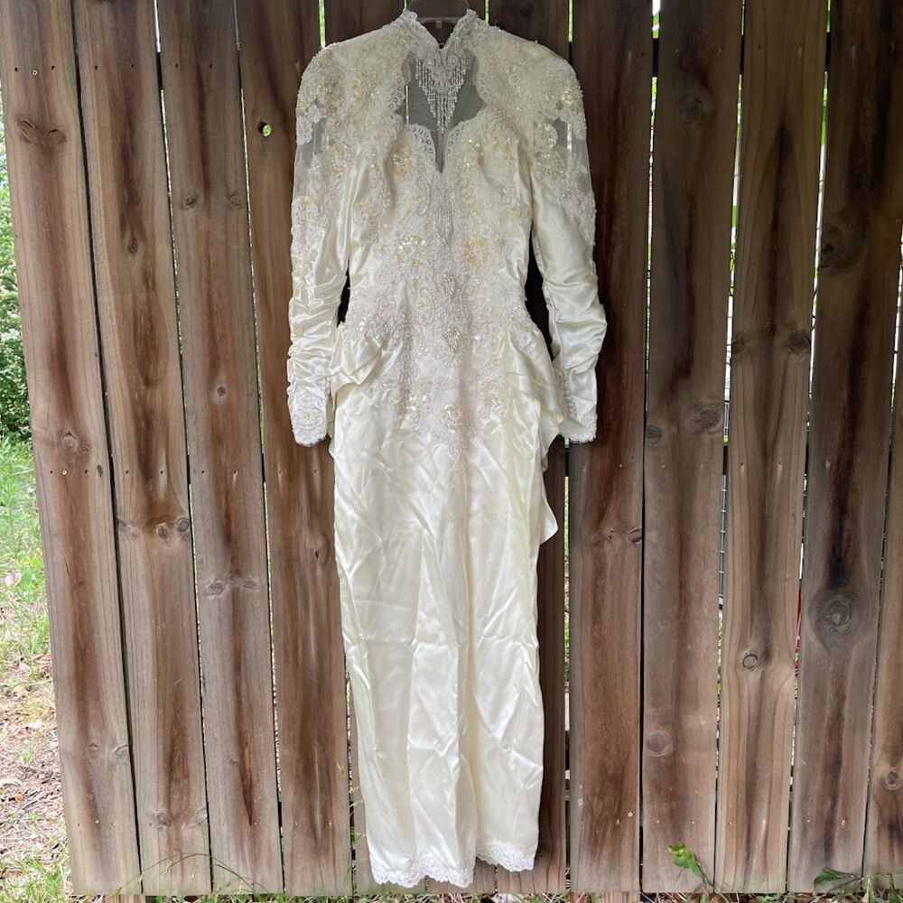 Vintage 80s Hairmetal Video Vixen WEDDING DRESS Lace Peplum Bow Beading S
